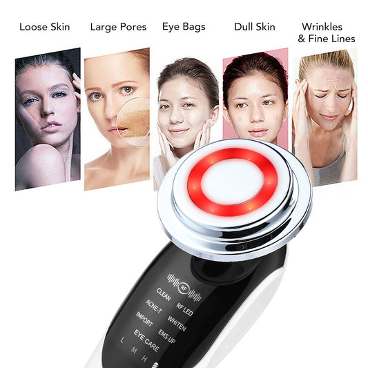 Facial skin treatment device with images of skin issues on a white background