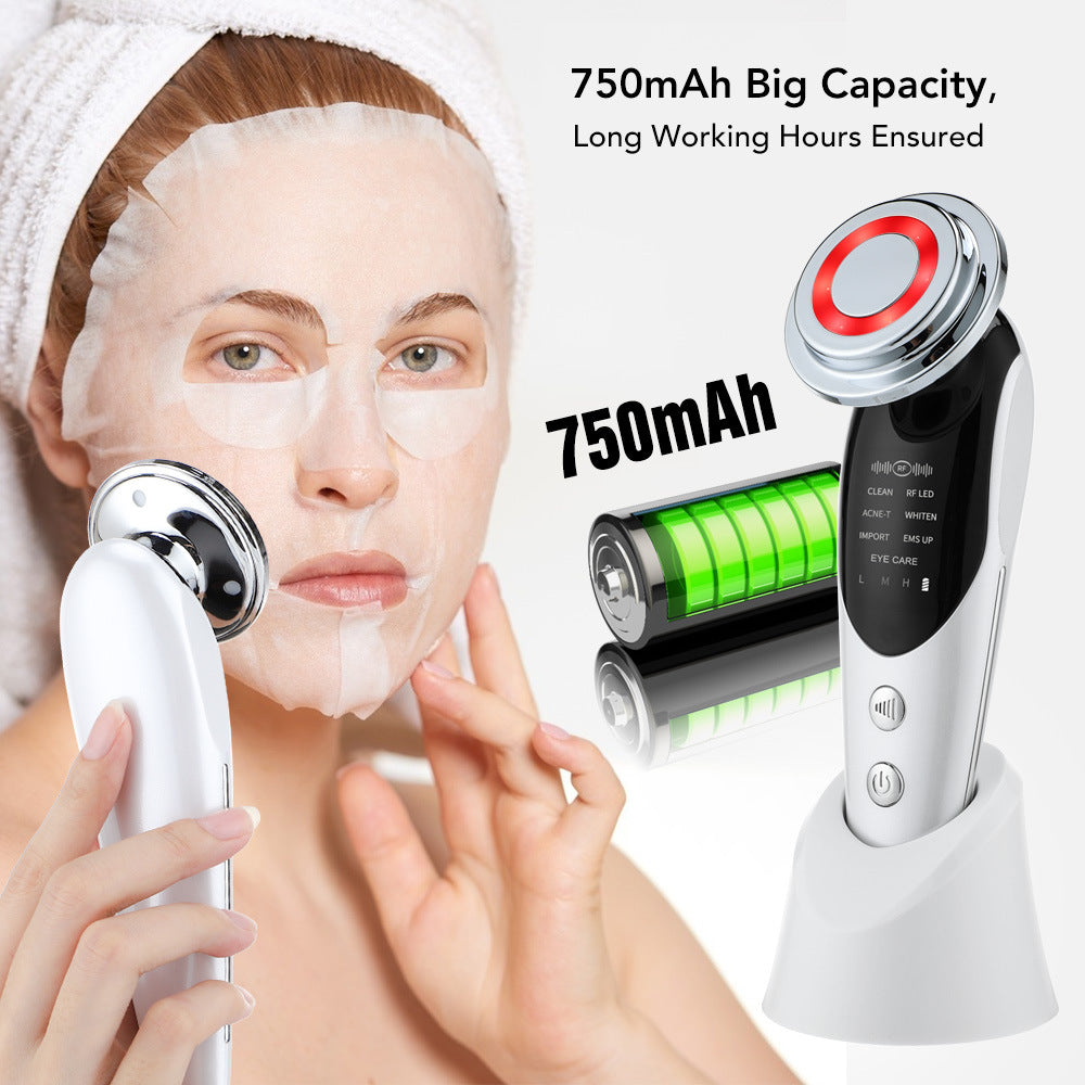 Woman using a facial cleansing device with product details on screen