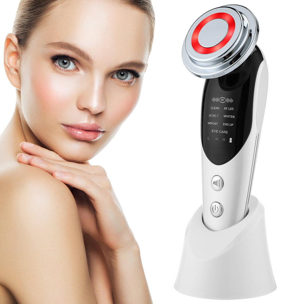 Woman with a smooth neck next to a skincare device on a white background